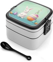 Happy Easter Egg Rabbit Bento Box for Adults Double Layer Lunch Box with Spoon And Invisible Handle Microwave Dishwasher Safe Leak Proof Meal Prep Lunch Containers for Office Picnic