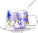 Double Glass Cup and Saucer Set,Dried Flowers Glass Teacup with Saucer Set,Romantic Dried Flowers Cup with Handle,Floral Coffee Mug for Home Office,Double Layer Coffee Mug