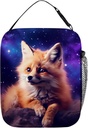 Cute Galaxy Fox Lunch Box, Kawaii Fox Purple Galaxy Space Animal Insulated Lunch Bag Tote for Girls Boys Kids Men Women, Reusable Leakproof Lunchbox Cooler Food Bag with Side Pocket