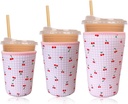 Reusable Insulated Neoprene Iced Coffee Cup Sleeve, Durable Drink Sleeve for Cold Beverages, Beverage Holder for Iced Coffee, Pink Cherry