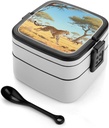 Cheetahs on The Grasslands Bento Box Double Layer Lunch Box for Adults with Spoon And Handle Bento Boxes Leakproof One-piece Stackable Lunchbox for Work Picnics And Travel