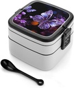 Beautiful Purple Butterfly Bento Box Adult Lunch Box All-in-One Lunch Containers with Removable Compartments Double Layer Bento Lunch Box with Spoon And Handle Stackable Lunchbox
