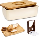Bread Box With Bamboo Wood Cutting Board Lid & Bread Slicer Holder, Rectangular Cream Color Bread Container For Kitchen Countertop, 14.8 x 8.4 x 5.3in, Bread Storage Container