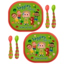 The First Years CoComelon Toddler Dinnerware Set - Plastic Dinnerware Set and Toddler Utensils - 2 Reversible Baby Plates and 4 Textured Baby Spoons