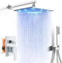 SKOWLL Bathroom Shower Faucet Set, Wall Mount Chrome Shower Head with Handheld High Pressure LED Overhead Shower Combo Set, Tub Shower Faucet Set with Valve