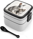 Adult Double-Layer Bento Box Rabbit And Cat Portable Lunch Box with Spoon And Invisible Handle Leakproof Microwave-Safe Food Container for Work Travel Camping