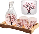 Cherry Blossom Japanese Sake Set – Handcrafted Glass Carafe and 4 Cups, Includes Warmer, Ideal for Tasting Soju & Liquor