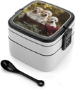 Puppy Sitting in Basket Bento Box Adult Lunch Box All-in-One Stackable Bento Lunch Box with Compartments Double Layer Lunch Boxes Leak-Proof Lunchbox Lunch Containers for Work Picnics Travel