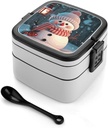 Bento Box Stackable Lunch Box with 2 Compartments Leak-Proof Food Storage Containers Cute Snowman Bento Lunch Box for Adults Lunch Containers with Utensil Set, Black
