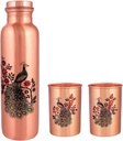 100% Pure Copper Peacock Printed Copper Bottel With Set of Two Tumbler Glass Set