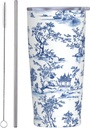 Chinoiserie Blue and White 20oz Tumbler with Lid and Straw Insulated Coffee Mug Stainless Steel Travel Cup for Women Men