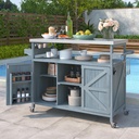 50.25" Outdoor Kitchen Island with Rolling Bar Cart & Storage Cabinet, Farmhouse Solid Wood Grill Table with Stainless Steel Top, Spice Rack & Towel Rack for Kitchen & BBQ (Grey Blue)