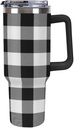 Stainless Steel Tumbler 40oz, Black Grey Buffalo Plaid Leakproof Tumblers Insulated Water Bottle with Straw And Lid, Car Coffee Cups Travel Mug Universal Fits for Water, Iced Tea Or Coffee