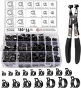 Toolwiz 130Pcs 6-25mm Spring Band Hose Clamp Assortment with Swivel Clamp Pliers, Constant Tension Radiator Hose Clamps, Black Hose Clips for Fuel Line, Silicone Vacuum Hose, Air Tube, Water Pipe