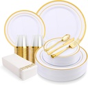 350-Piece Gold Rim Plastic Dinnerware Set for 50 Guests, Elegant Disposable Dinnerware for Party, Wedding. Includes Dinner Plates, Dessert Plates, Gold Silverware, Napkins, Cups