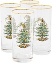 Spode Christmas Tree 15oz Highball Glasses, Set of 4 - Gold-Rimmed Elegant Holiday-Themed Glassware, Festive Holiday Drinkware for Christmas Parties, New Year’s Toasts & Festive Occasions
