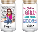 Personalized Just A Girl Who Loves Books Glass Cups Book Tumbler, Custom Name Reading Glass Iced Coffee Cups with Lids and Straw, Christmas Birthday Book Lovers Gifts for Women Bookish (Style 02)