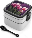 Bento Lunch Box for Women Lunch Containers for Adults Flowers Double Layered Lunchbox Large Capacity Bento Box with Cutlery for Work Picnic Camping Travel