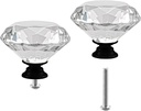 Crystal Cabinet Knobs 2Pack Clear Glass Diamond Shape Drawer Knobs 50mm Diamond Dresser Pulls Door Knobs Cabinet Pulls Cupboard Wardrobe Handles for Kitchen Office Cupboard Drawers (Black, 2 PCS)