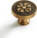 2 Pack Antique Brass Cabinet Knobs - Vintage Floral Drawer Pulls, 1.25 Inch Solid Brass Carved Handles for Kitchen, Dresser, Bathroom, Wardrobe Furniture Hardware