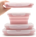 Collapsible Silicone Lunch Bento Box, Portable Food Storage Container Outdoor Picnic Box Space Saving, Microwave, Dishwasher and Freezer Safe, 3 Pcs Set (Pink)