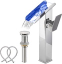 Bathroom Vessel Sink Faucet Chrome Waterfall Led Color Changing by Temperature Bowl Sink Faucet 1 Hole Right Handle Without Overflow Pop Up Drain Stopper Lavatory Vanity Bath Basin Tap Tall