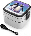 Cute Penguin Bento Box Adult Lunch Box All-in-One Lunch Containers with Removable Compartments Double Layer Bento Lunch Box with Spoon And Handle Stackable Lunchbox