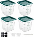 4 Pack 4QT Food Storage Containers with Green Lids, Clear Square Commercial Food Grade Storage Containers with Handles and Scales, BPA-Free Airtight Restaurant Container for Sourdough, Marinating Meat