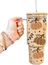Generic Leopard Pumpkin 40oz Borosilicate Glass Tumbler With Handle Lid and Straw, Modern Fall Pumpkins Glass Tumbler, Viral Coffee Glass for Her