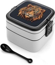 New Year Tiger Logo Design Bento Box Double Layer Lunch Box with Spoon And Handle All in One Stackable Lunchbox Adult Lunch Container for Women Men Work Picnic Camping