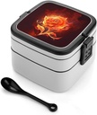 Flame Rose Bento Box Double-Layer Bento Lunch Container with Spoon And Invisible Handle Adult Leak-Proof Lunchbox for Dining Out Work Picnics Travel