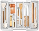 Expandable Large Silverware Organizer, Utensil Drawer Organizer for Kitchen Cutlery, Marble Design， Adjustable Cooking Utensil Tray, Plastic Spatula Tools and Gadgets Storage Divider, White