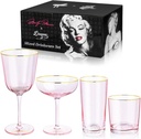 Dragon Glassware x Marilyn Monroe Pink Drinkware Set of 4 - Includes Wine, Martini, Whiskey & Drinking Glasses - Marilyn Monroe Gifts for Women - Pink Glassware Set