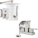 gotonovo Rainfall Bathroom Shower System Shower Head and Handle Set Wall Mounted 12 Inch with gotonovo 4 Inch Centerset Waterfall Bathroom Sink Faucet Deck Mount 2 Handle 2 or 3 Hole Brushed Nickel