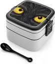 Two Yellow Eyes Bento Box with Spoon, 2-layer Stackable Lunch Box Leak Proof with Invisible Handle, Insulated Food Storage for Office, Picnic & Travel