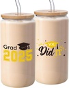 2025 Graduation Gifts 16 Oz Can Shaped Glass Cup with Bamboo Lids Glass Straws and Brush Graduation Iced Coffee Drinking Cup Can Tumbler for High School College Graduate Gifts(Black Gold)