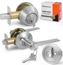Keyed Alike(Same Keys) Front/Exterior Door Lever Knob with Single Cylinder Deadbolt Combo Lockset, Entry Door Handle with Lock & Key, Round Locking Deadbolt(Satin Nickel)