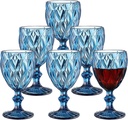 8oz Vintage Wine Glasses Crystal Glass Cups Set of 6 Unique Embossed Pattern Clear Glasses Water Goblets,Colored Stemmed Glassware for Wedding Party Bar,Non-Slip Wine Goblets Cold Drinks (Blue)