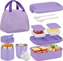 Bento Lunch Box Set with 10.5oz Soup Thermo Food Jar for Adults Kids, Stainless Steel Leak-proof Lunch Container with 4 Compartment, Coffee Tumbler with Lunch Bag for School Travel Office-Purple