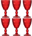 Red Vintage Wine Glasses Set of 6, 10 Ounces Colored Glass Water Goblets, Unique Floral Embossed Pattern High Clear Stemmed Glassware Wedding Party Bar Drinking Cups Fancy Glasses Hand Wash Only