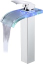 Qeemee LED Bathroom Faucet, Chrome Plated Waterfall Tall Vessel Bathroom Sink Faucet 1 Hole Single Handle Brass with Water Supply Hoses