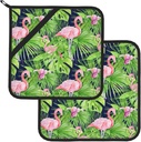 Pink Flamingo Pot Holders for Kitchen Set of 2,Green Tropical Leaves Potholder Heat Resistant Potholder for Microwave Cooking Baking Oven End Dishes and BBQ
