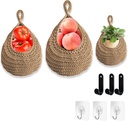 Boho Wall Hanging Fruit Baskets for Kitchen 3 Pack Woven Cotton Produce Holder with 6 Pcs Strong Hooks Vegetable Hanging Basket for Organizing Home Wall Decor Teardrop Vegetable Potato Storage (Brown)