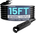 16/3 15 Ft 3 Outlet Extension Cord Outdoor Waterproof, Black Extension Cords with Multiple Outlets, 3 Prong with Multi Outlet Outside 13A 1625W 16AWG, ETL Listed