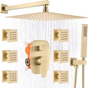 AYIVG Bathroom Square 12 Inch Rainfall Shower Faucet System With 6 PCS Body Jets Mixer Set (Wall Mount, Brushed Gold)