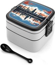 Stackable Double-Layer Bento Box Chicago Skyline Adults Lunchbox with Spoon Cute Japanese Bento Box Dishwasher Safe for Work Travel Dining Outc
