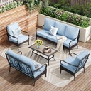 PHI VILLA Outdoor Modern Patio Furniture Set, Upgraded Wicker&Metal Patio Furniture Conversation Set with Waterproof Thick Cushions for Porch, Poolside, Deck, and Yard (5 Pieces,Blue)