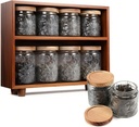2-Layer Acacia Wood Tea Organizer Rack With 8 Vintage Glass Jar, 17 & 23.7 Oz Tea Tins with Airtight Lids for Loose Leaf Tea Storage, Glass Food Storage Containers for Coffee Candy Spices Nut Cereals