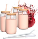 Drinking Glass Set of 4 500 ml with Silicone Sleeve and Bamboo Lid - 2 Drinking Straws Included (Silicone & Glass), Temperature Resistant from -20°C to 150°C