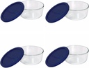 Pyrex Storage Plus 7-cup Round Glass Food Storage Dish Blue Plastic Covers (Pack of 4 Containers) Made in the USA